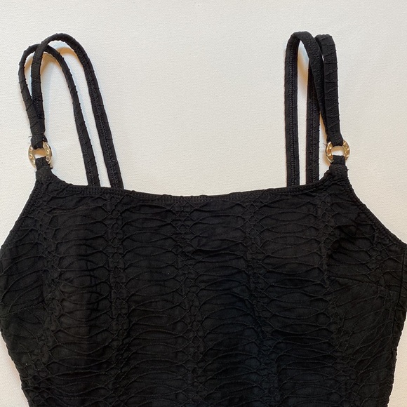 LA BLANCA SWIMSUIT-elegant black on black with gold tone rings, crinkly fabric - Picture 2 of 3